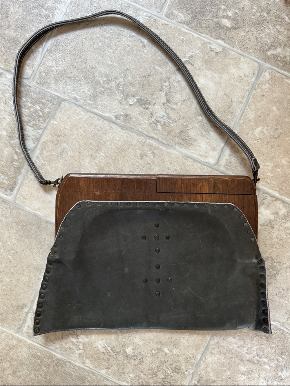 Leather and Wood Crossbody Bag in Olive and Brown